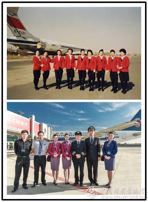 1987年东塔机场乘务员在麦道82飞机下培训2018年南航机组在飞机下合影陈松摄.png