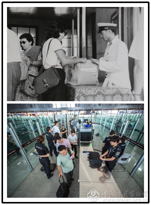 1981年沈阳东塔机场公安在检查旅客随身行李2018年安检员在为旅客做安全检查工作陈松摄.png